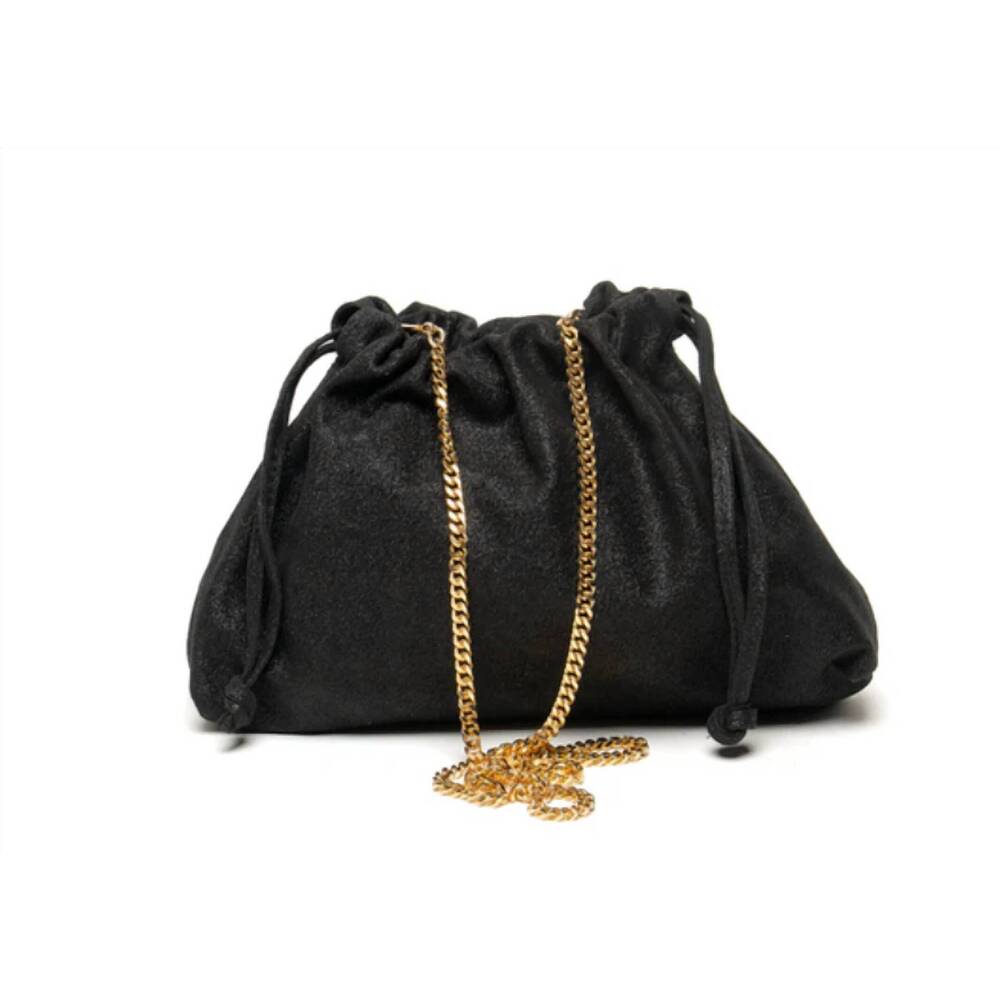 NEW LAGGO women's mini lucky drawstring clutch bag in black shimmer